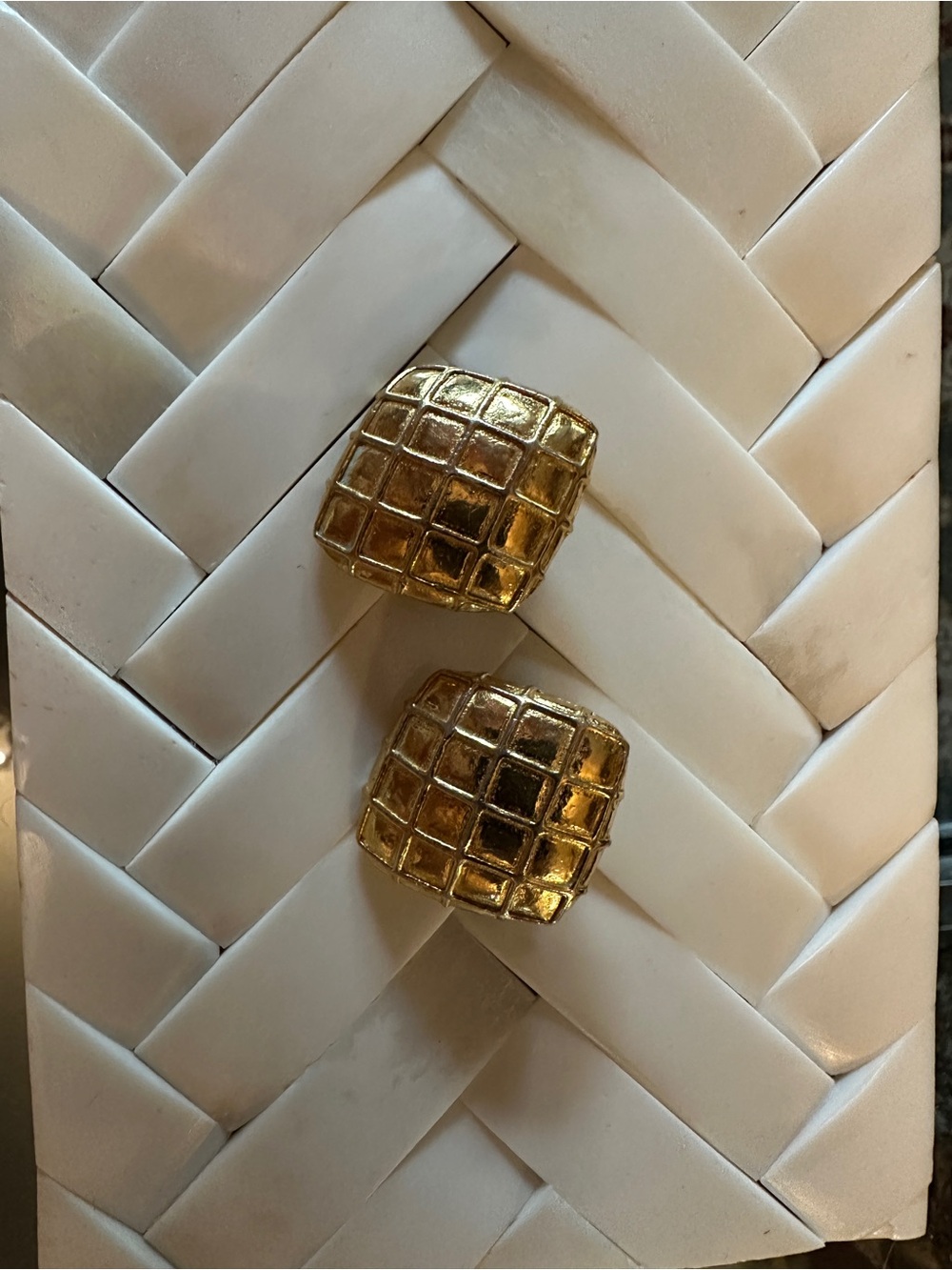 CHANEL Gold Quilted Square Drop Earrings - Textured Statement - Picture 2 of 5